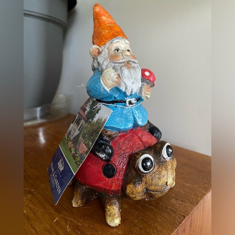 Garden Gnome sitting on Lady Bug - Garden Figure Statue - *NEW, NO DEFECTS*